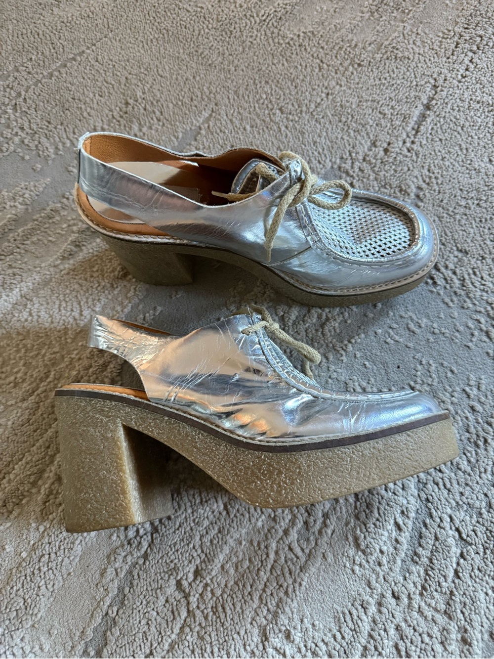 Miista Silver Metallic Slingback Block Heel Loafers lace up platform 39 / 8.5